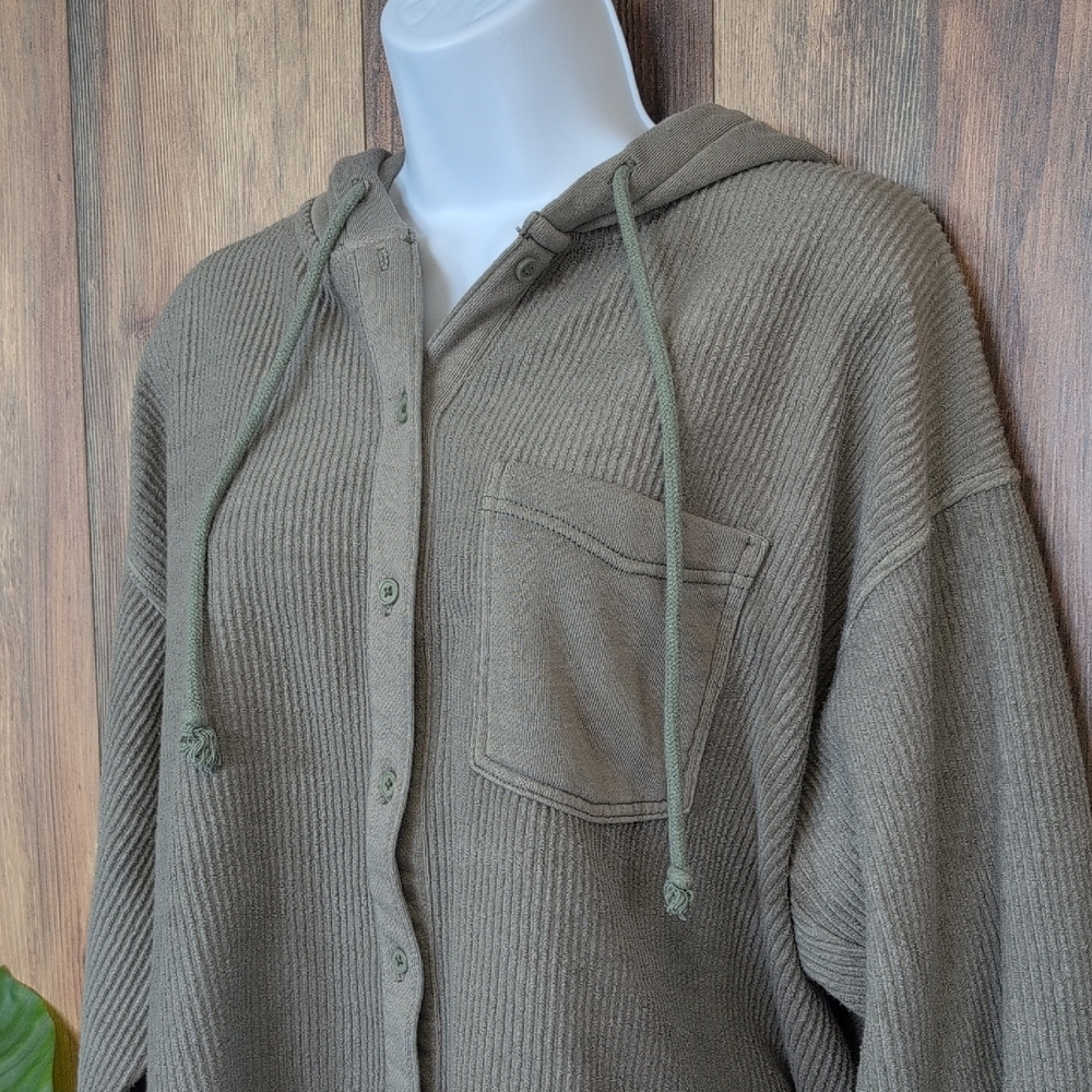 American Eagle Outfitters Olive Green Ribbed Crop Hoodie L M666 - Picture 3 of 7